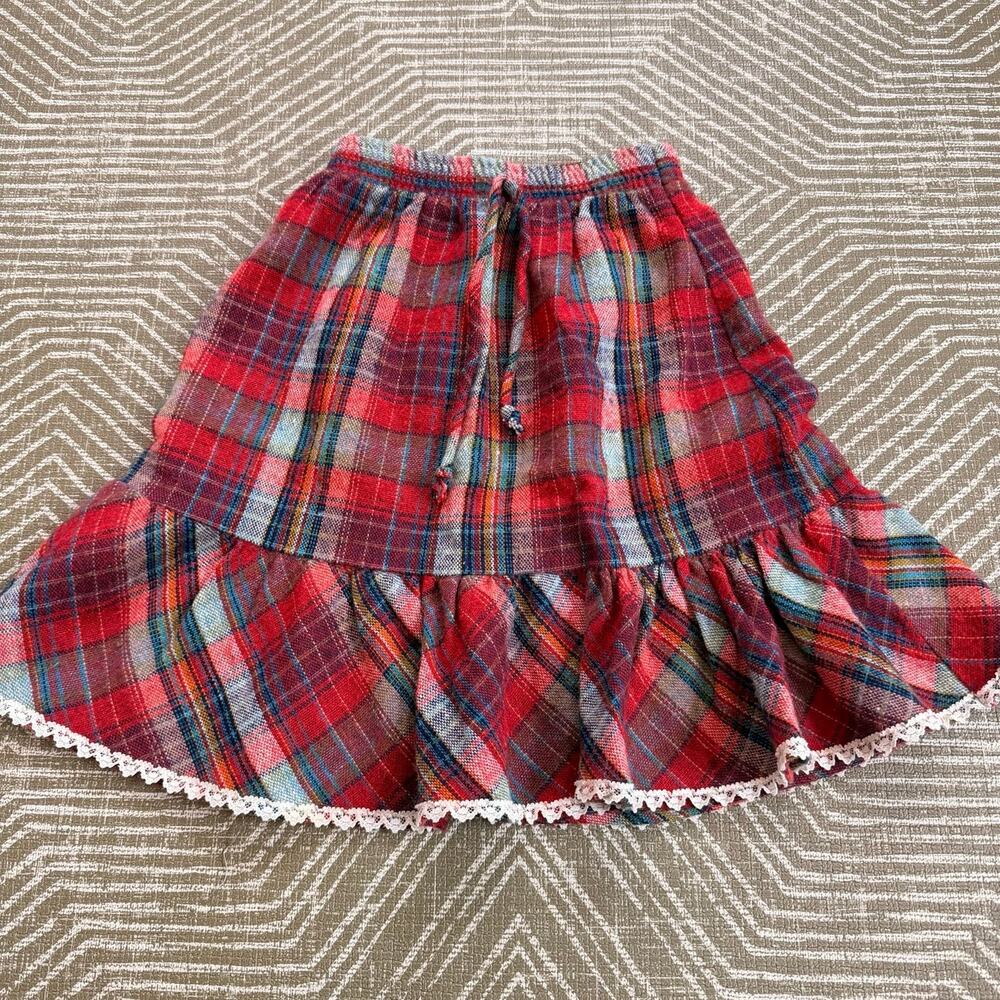 Vintage Sea Isle Sportswear Red Plaid Tiered Prairie Skirt Girls Lace Trim